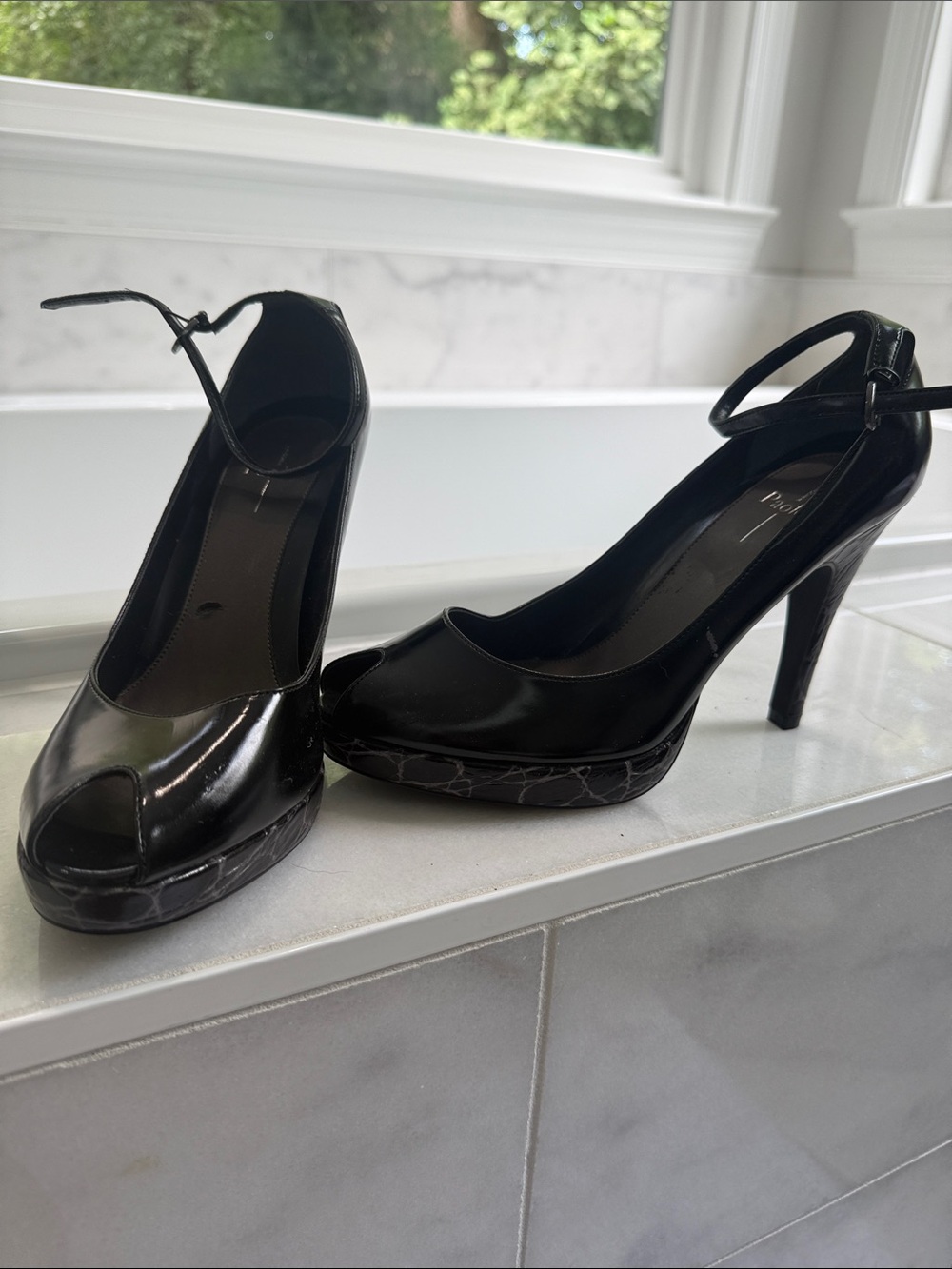 Paolo Black Patent Peep-Toe Platform Heels with Ankle Strap